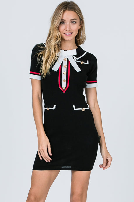 Mini Dress Featuring Collar and Ribbon Accent