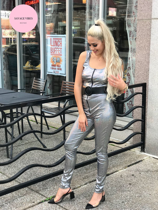 Holographic Zip Front Crop Top-Pants Set