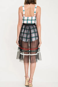 Plaid Print Romper with Sheer Mesh Skirt