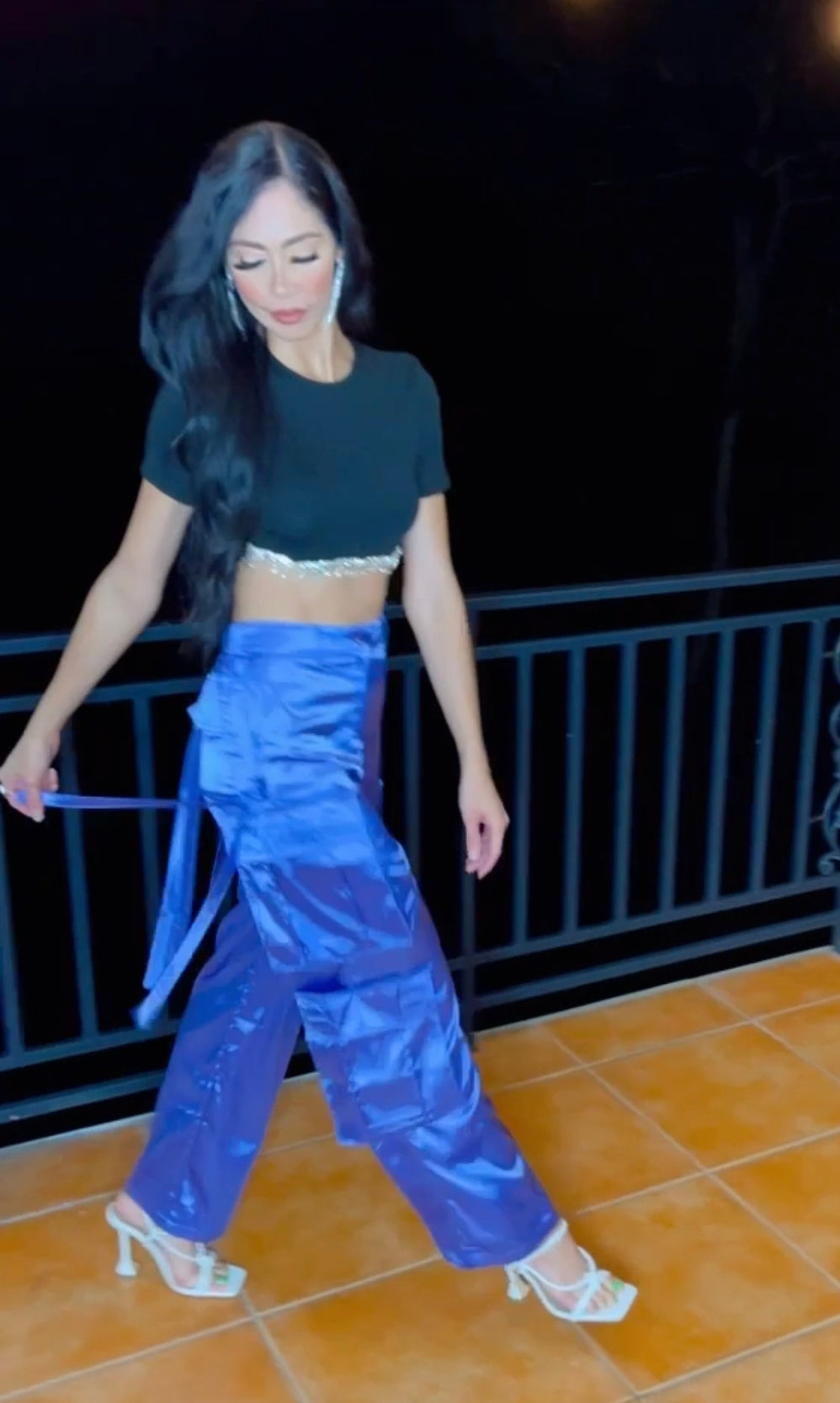 Purple Wide Leg Satin Cargo Pants