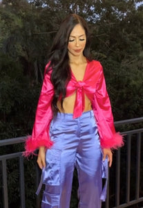 Fuschia Satin Long Sleeve Feather Top