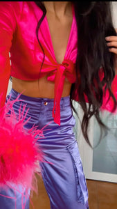 Fuschia Satin Long Sleeve Feather Top