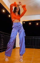 Load image into Gallery viewer, Purple Wide Leg Satin Cargo Pants
