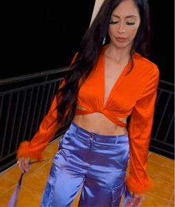 Orange Satin Long Sleeve Feather Top