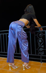 Purple Wide Leg Satin Cargo Pants
