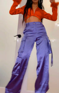 Purple Wide Leg Satin Cargo Pants
