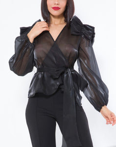 Organza Ruffle Shoulder Long Sleeve Top