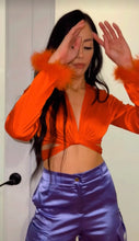 Load image into Gallery viewer, Orange Satin Long Sleeve Feather Top