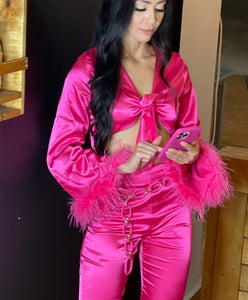 Fuschia Satin Long Sleeve Feather Top